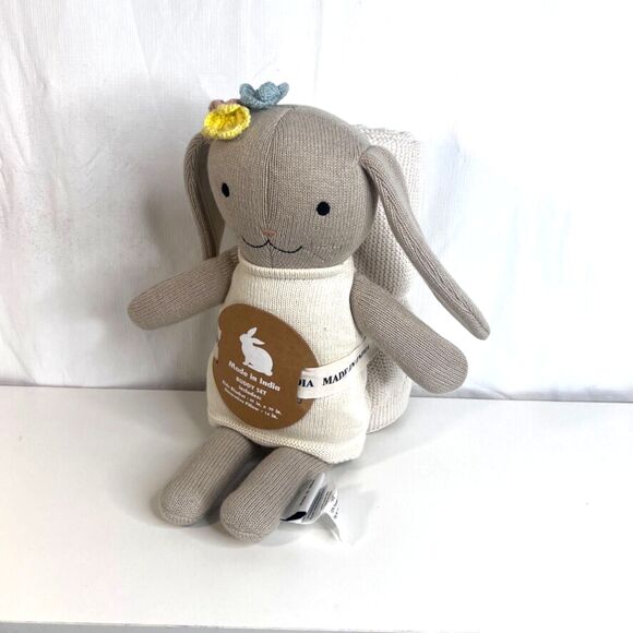 Buddy Set NWT Knitted Stuffed Bunny Rabbit w/ Blanket Made in India Nursery Baby - Picture 1 of 10